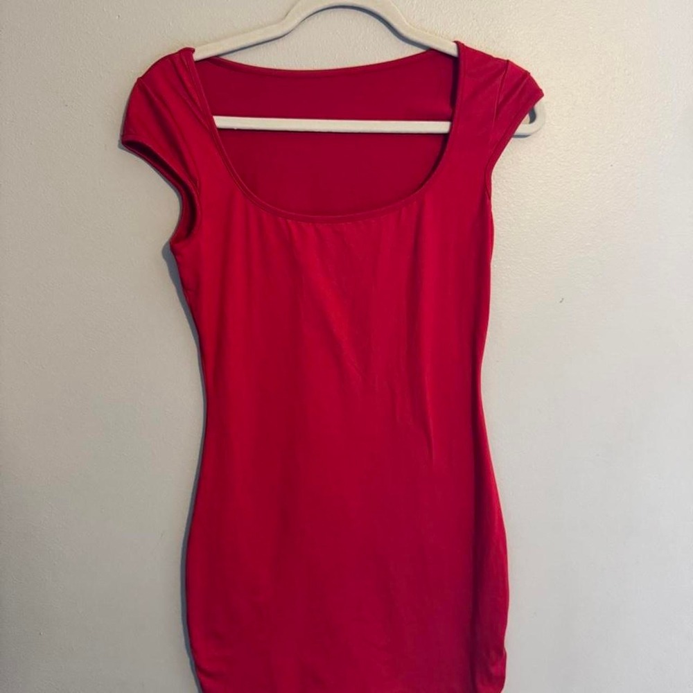 Red mini dress with cap sleeves and scoop neckline
